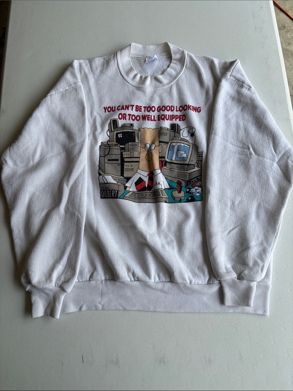 Jerzees White Graphic Crewneck Sweatshirt with Dilbert Comic